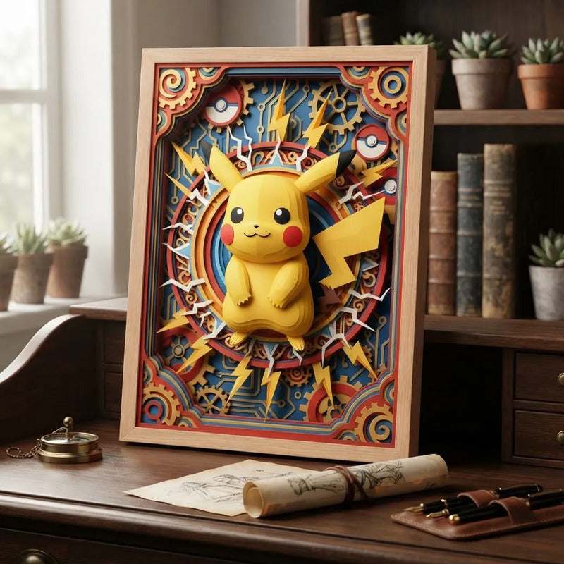 Cuadro Pikachu Efecto 3d Pokemon Anime Kids Japon Marco Madera Oak Madera Clara
