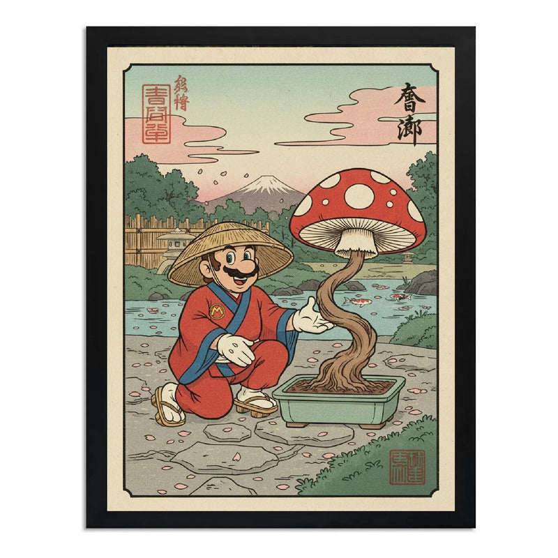 Cuadro Mario Jardinero Hongos Bonsai Cucumelo Japón Game Marco Negro