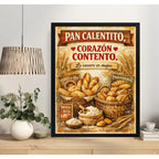 Cuadro Pan Calentito Corazón Contento Frase Panaderia Cocina Marco Negro