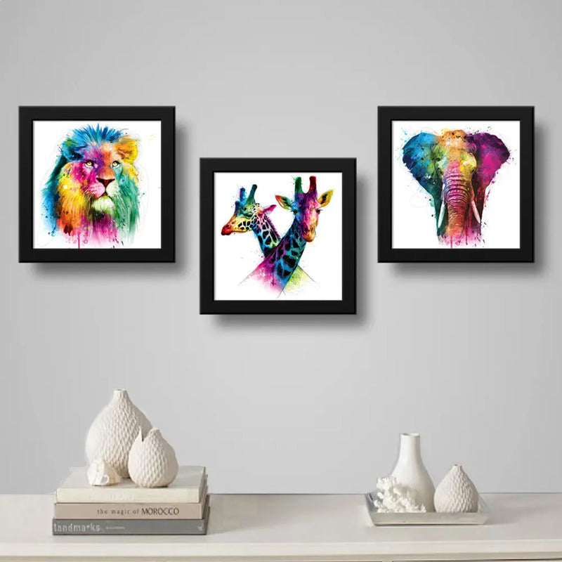Set 3 Cuadros León Jirafa Elefante Pop Art Colors Decoracion