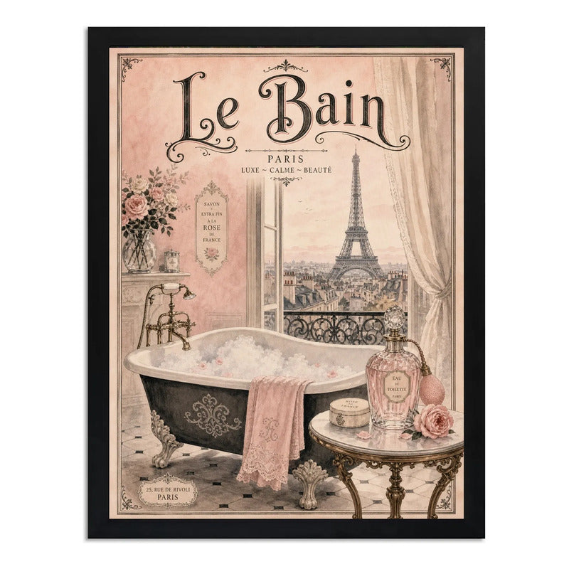 Cuadro Bano Paris Retro Perfume Banera Tonos Rosa Decoracion Marco Negro