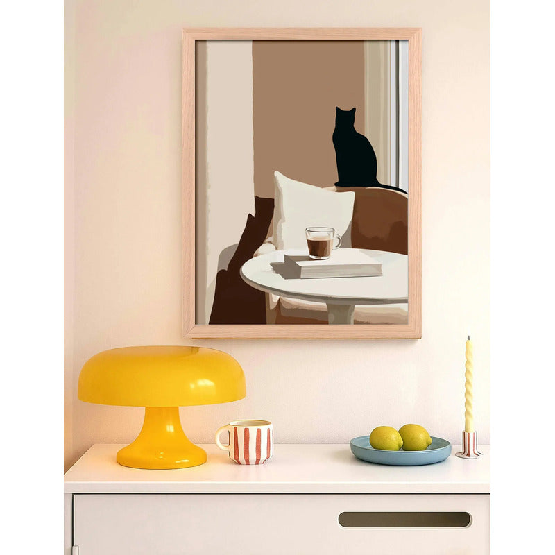 Cuadro Living Cocina Gato Cafe Arte Cozy Cat Tono Neutro Oak Marco Marrón Claro
