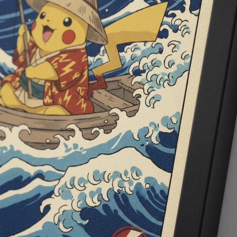 Cuadro Pikachu Pescador Ola Kanagawa Pez Japón Pokemon Anime Marco Negro