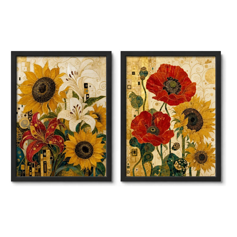 Set 2 Cuadros Gustav Klimt Girasoles Flores Decora Living Marco Negro