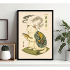 Cuadro Gato Arte Japonés Tattoo Dragon Pez Koi Decoracion Marco Negro