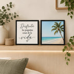Set 2 Cuadros Paisajes De Playa Palmera Frase Motivacional Marco Negro