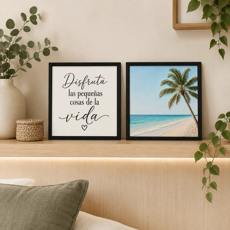 Set 2 Cuadros Paisajes De Playa Palmera Frase Motivacional Marco Negro