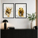Set 2 Cuadros Toro Y Oso De Wall Street Dorado Arte Oficina Marco Negro