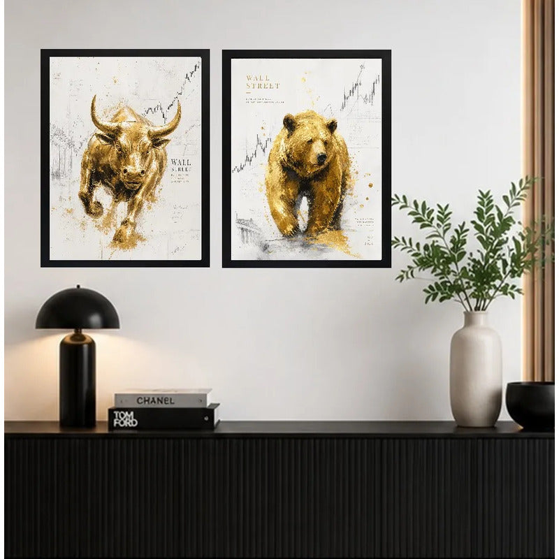 Set 2 Cuadros Toro Y Oso De Wall Street Dorado Arte Oficina Marco Negro