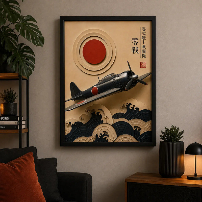 Cuadro Avion Ola Kanagawa Arte Japones Efecto 3d Aviacion Marco Negro