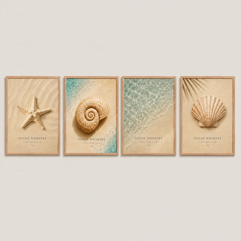 Set 4 Cuadros Paisajes De Playa Concha Estrella Coral Frases Marco Marrón Claro