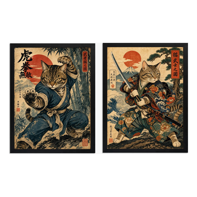 Set 2 Cuadros Gato Samurai Kung Fu Arte Japones Marcial Marco Negro