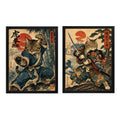 Set 2 Cuadros Gato Samurai Kung Fu Arte Japones Marcial Marco Negro
