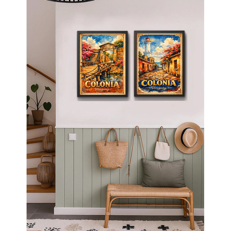 Set 2 Cuadros Colonia Del Sacramento Arte Retro Uruguay Marco Negro