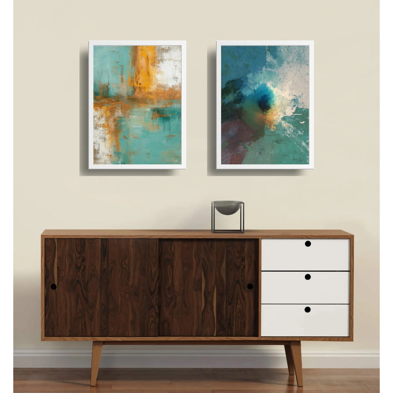 Set 2 Cuadros Dormitorio Living Abstracto Verde Azulado Ocre Marco Blanco