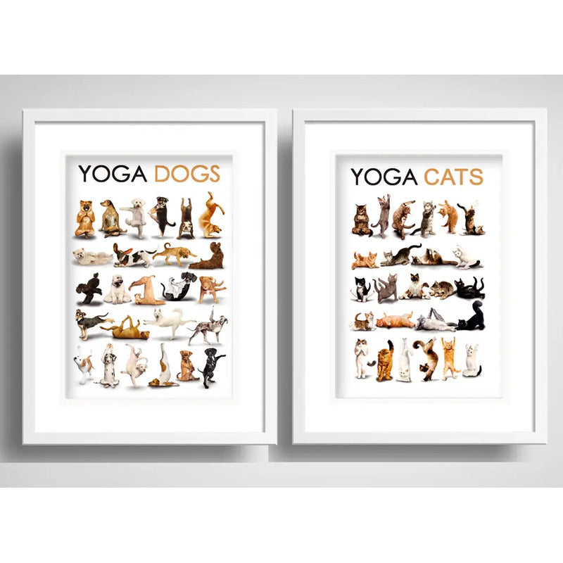 Set 2 Cuadros Yoga Dogs Cats Perro Gato Mascota Con Paspartú