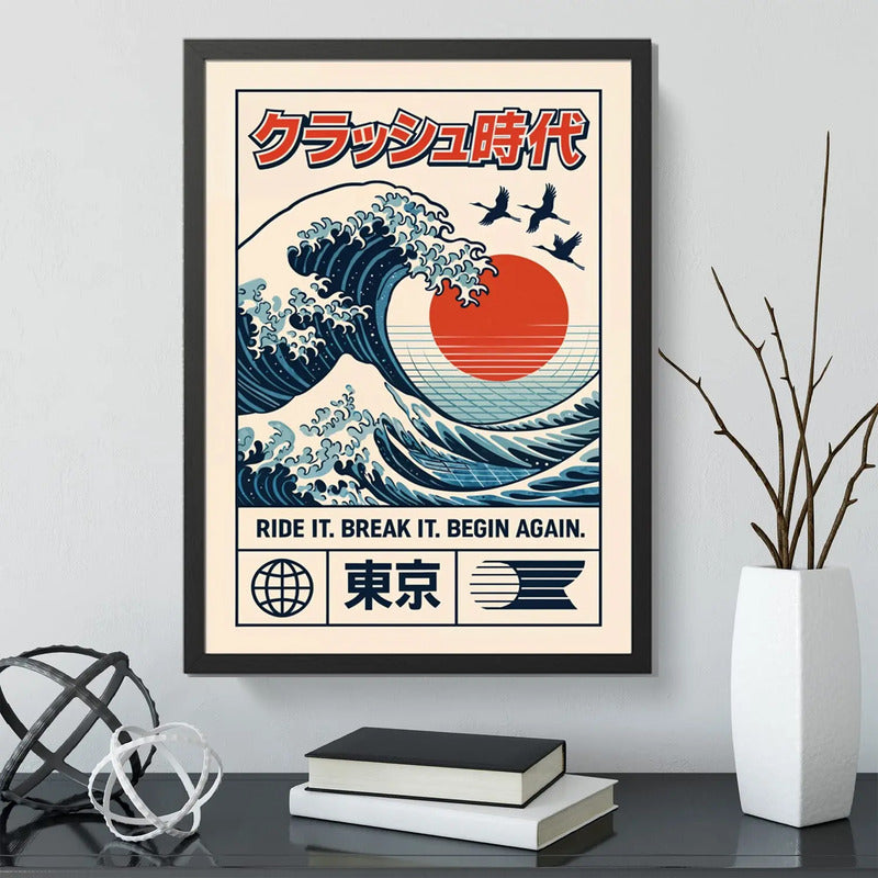 Cuadro Vaporwave Gran Ola Kanagawa Arte Japones Decoracion Marco Negro