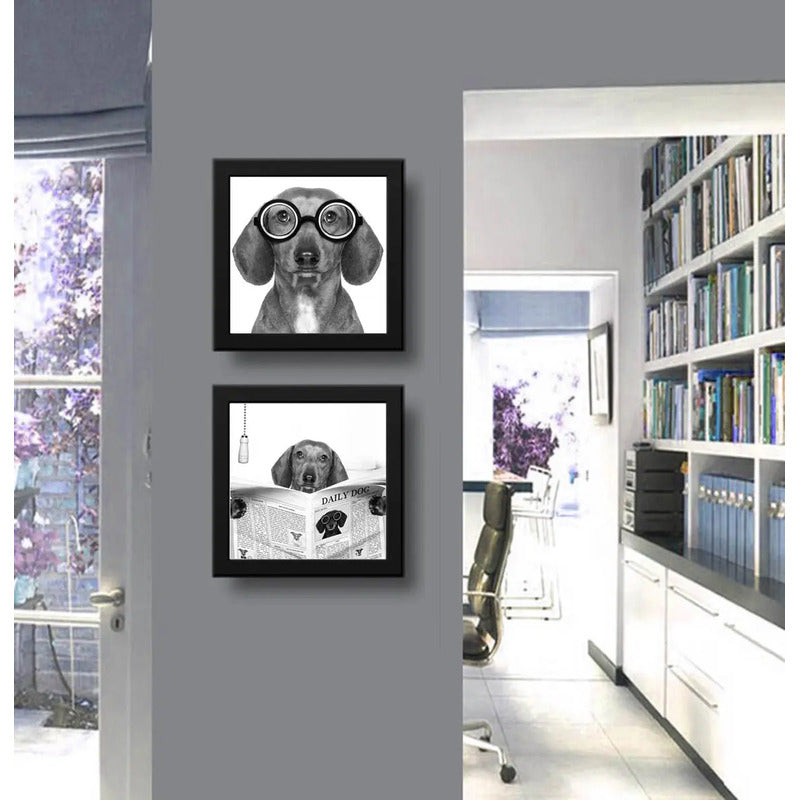 Set 2 Cuadros Dachshund Gafas Perro Baño Mascota Pet Decora