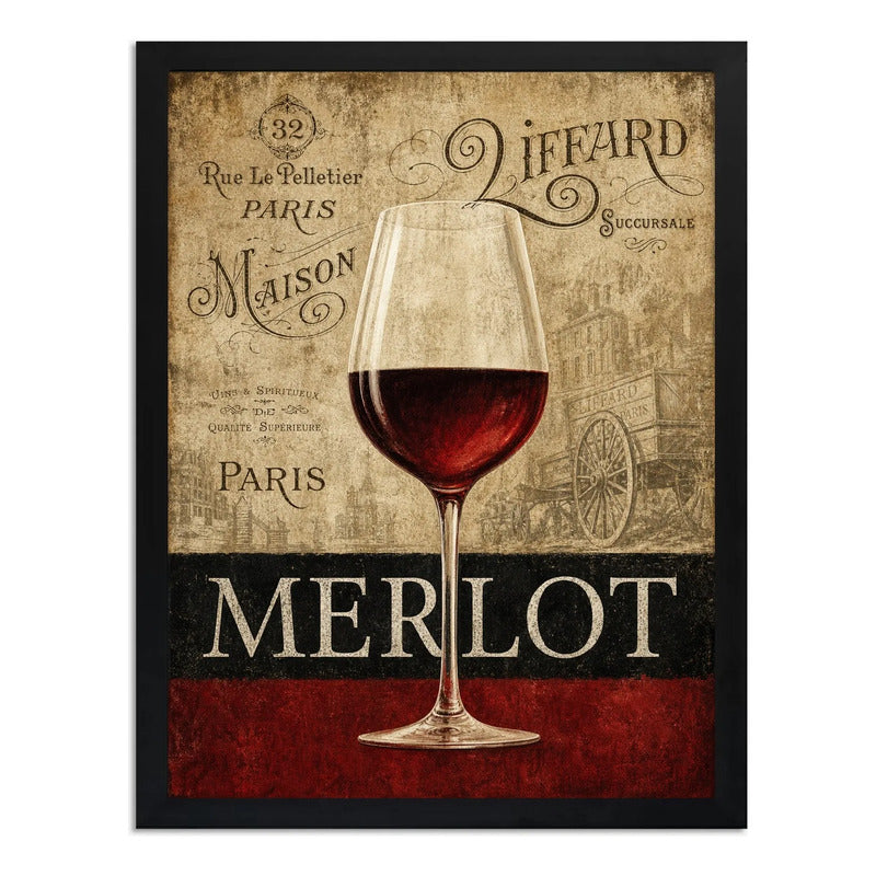 Cuadro Vino Merlot Paris Retro Arte Chef Cocina Decoracion Marco Negro