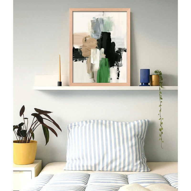Cuadro Dormitorio Living Boho Abstracto Urban Moss Beige Oak Marco Marrón Claro