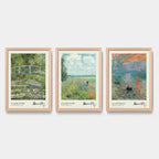 Set 3 Cuadros Living Dormitorio Claude Monet Obras Clásicas Marco Marrón Claro