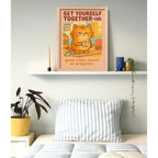 Cuadro Gato Café Frase Organízate Un Poco Cocina Marco Oak Marco Marrón Claro