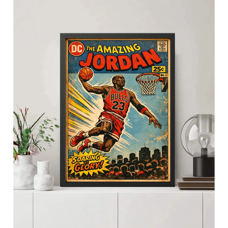 Cuadro Michael Jordan Comics Arte Retro Baloncesto Deportes Marco Negro