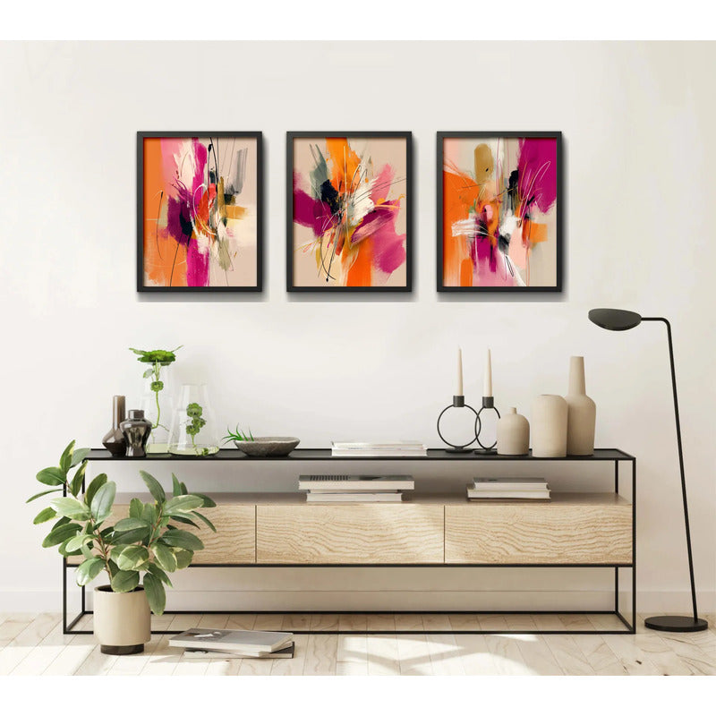 Set 3 Cuadros Dormitorio Living Abstracto Arte Expresionista Marco Negro
