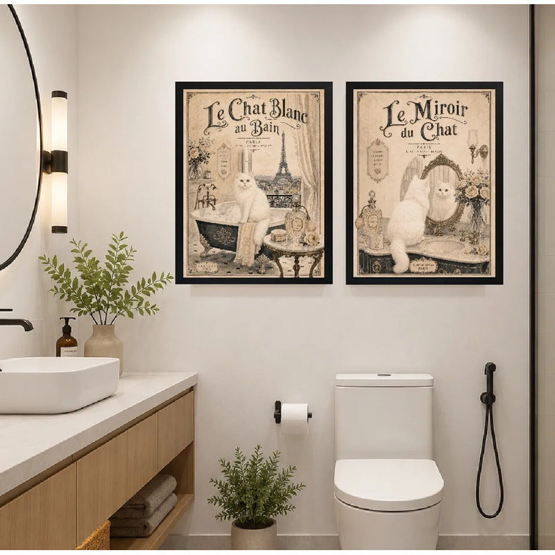 Set 2 Cuadros Decoracion Bano Gato Blanco Paris Retro Banera Marco Negro