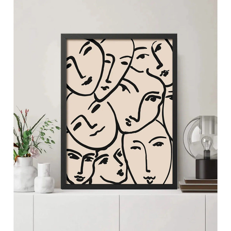 Cuadro Arte Abstracto Con Líneas De Rostro Tonos Neutros Marco Negro