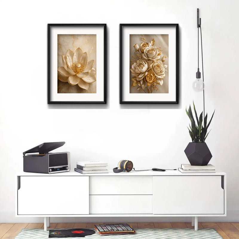 Set 2 Cuadros Flores Loto Rosas Tonos Dorados Con Paspartú 53x43cm Cada Cuadro Negro