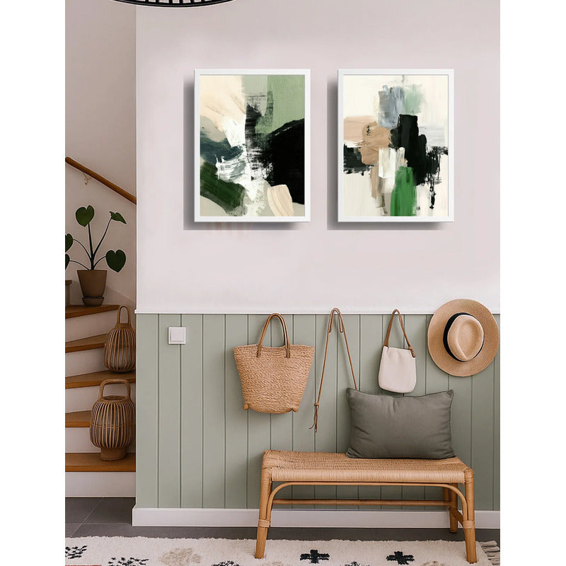 Set 2 Cuadros Dormitorio Living Abstracto Mossy Calm 2 Verde Marco Blanco