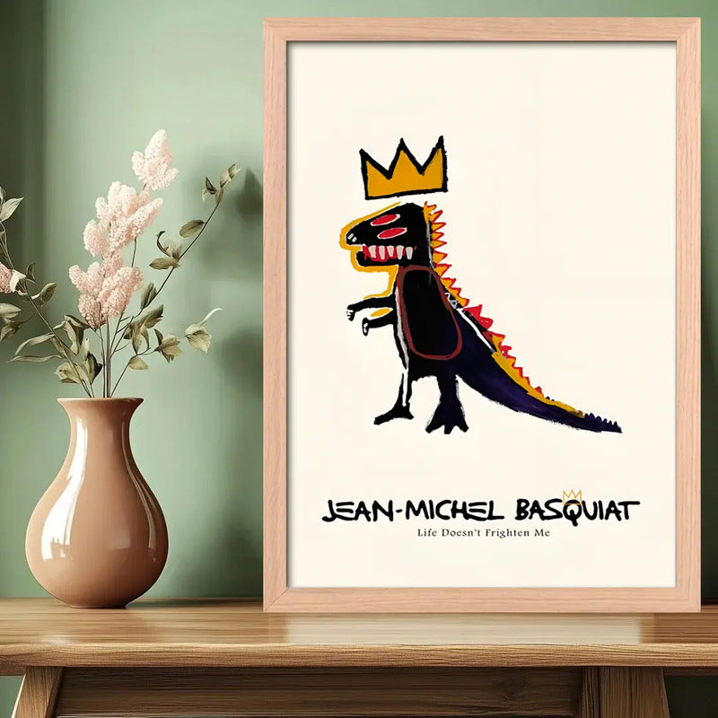 Cuadro Basquiat Dinosaurio Pez Dispenser Arte Urbano Oak Marco Marrón Claro