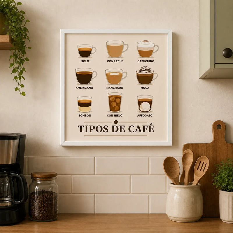 Cuadro Living Comedor Cocina Tipos De Café Cafeteria 33x33cm Marco Blanco