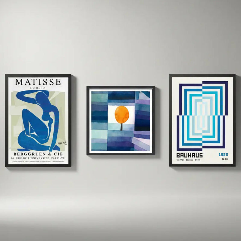 Set 3 Cuadros Para Living Cocina Estudio Tonos Azul Indigo Paul Klee Matisse Bauhaus Con Marco Negro