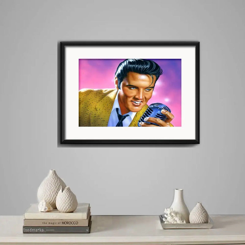 Cuadro Elvis Presley Rock Retro Decoracion Con Paspartú Elvis Microfono Art Con Marco Negro