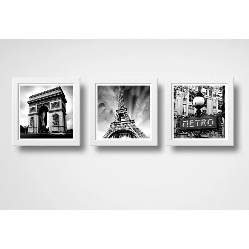 Set 3 Cuadros Paris Blanco Y Negro Torre Eiffel Francia Marco Blanco