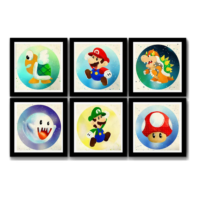 Set 6 Cuadros Mario Bros Luigi Toad Pop Art Game Decoracion Marco Negro