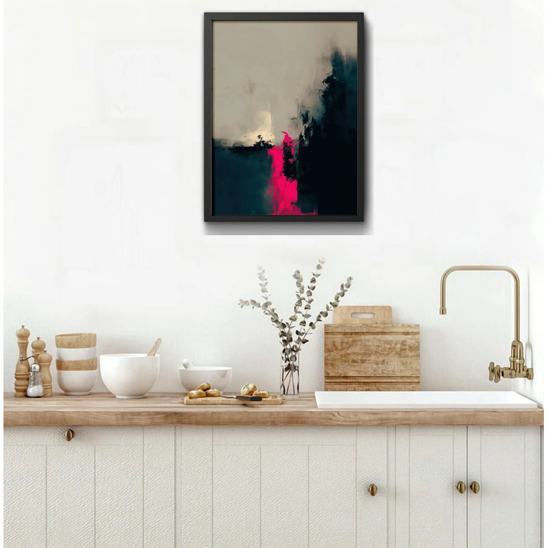 Cuadro Dormitorio Living Boho Abstracto Neón Rosa Beige Marco Negro