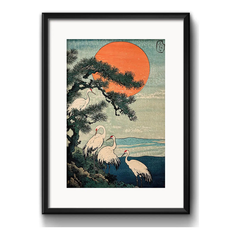 Cuadro Japonés Woodblock Grulla Arte 53x43cm Con Paspartú Marco Negro