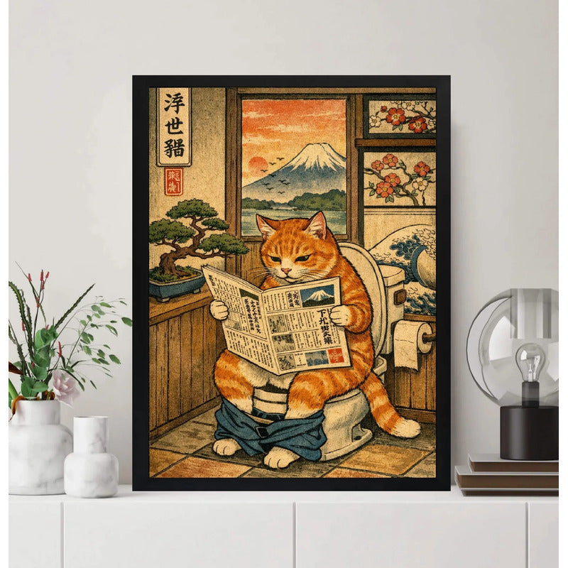 Cuadro Gato Naranja Bano Japón Bonsai Fuji Decoracion Marco Negro