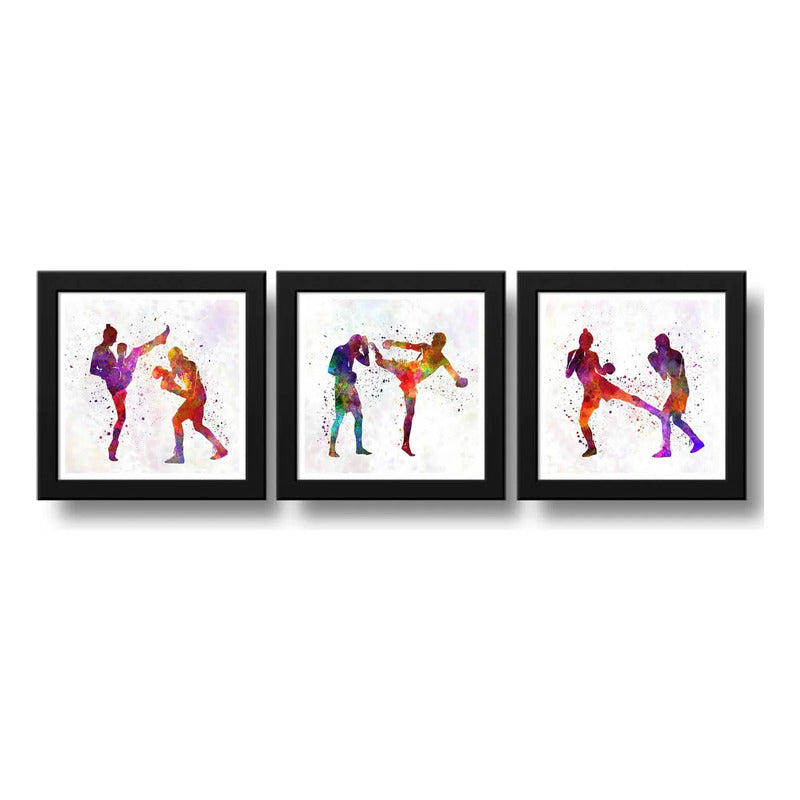 Set 3 Cuadros Artes Marciales Pop Art Mma Lucha Gym 33x33cm Marco Negro