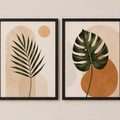 Set 2 Cuadros Living Abstracto Boho Hojas Tonos Beige Neutro Marco Negro