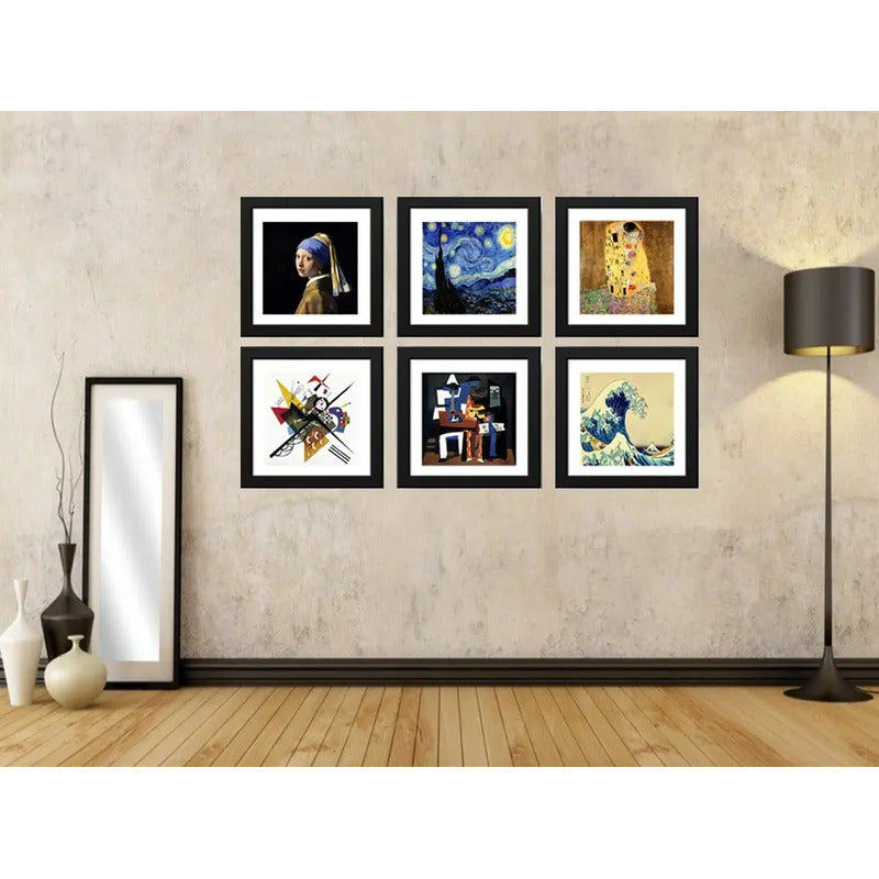 Set 6 Cuadros Obras Pintores Famosos Van Gogh Klimt 33x33cm Marco Negro