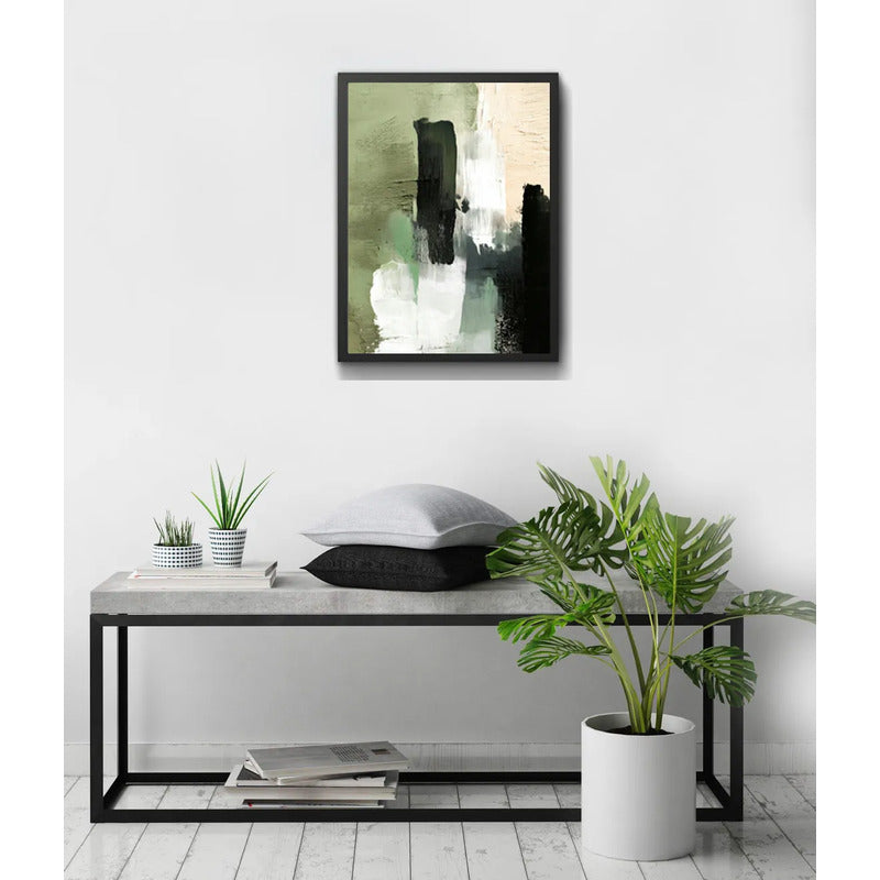 Cuadro Dormitorio Living Boho Abstracto Niebla Verde Marco Negro