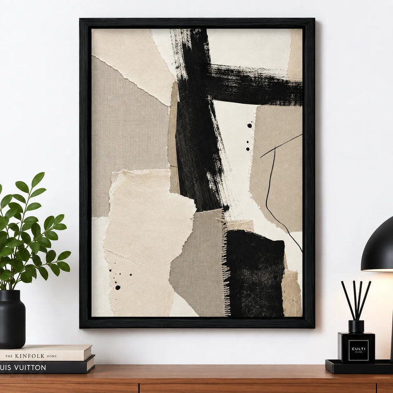Cuadro Dormitorio Living Boho Abstracto Texturas Retazos Br1 Marco Negro