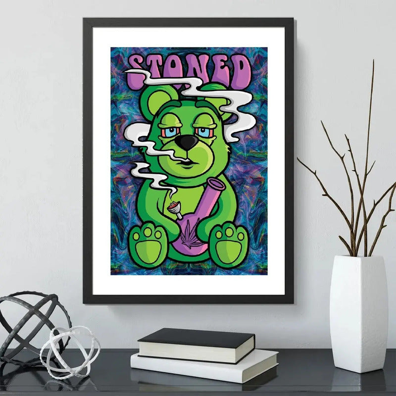 Cuadro Oso Stoned Weed Cannabis Arte Club Decoracion Shop Marco Negro
