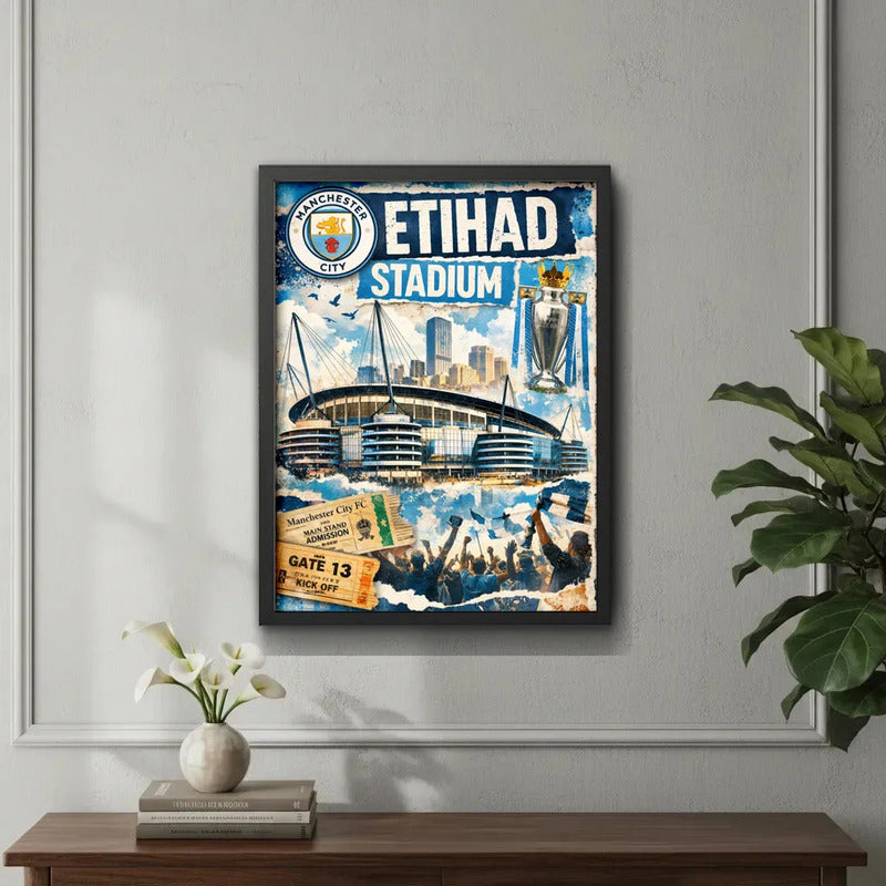 Cuadro Estadio Etihad Stadium Manchester City Futbol Retro Marco Negro