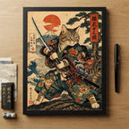 Cuadro Gato Samurai Ninja Japonés Arte Marcial Decoracion Marco Negro