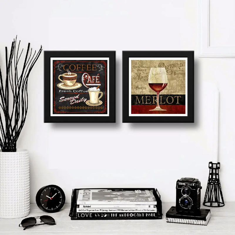 Set 2 Cuadros Café Y Vino Retro Cocina Arte Decoracion